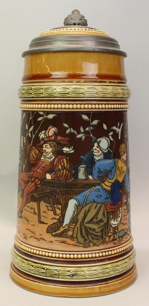 Mettlach Stein: "Old German Drinking Group" 10 1/2"H x 5"D 1L