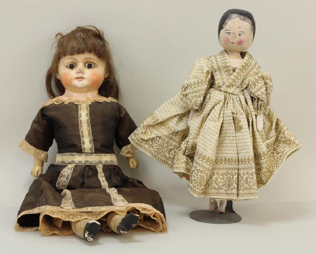 PAIR OF ANTIQUE DOLLS: PAPIER MACHE & PEG WOODEN. (1 of 6)