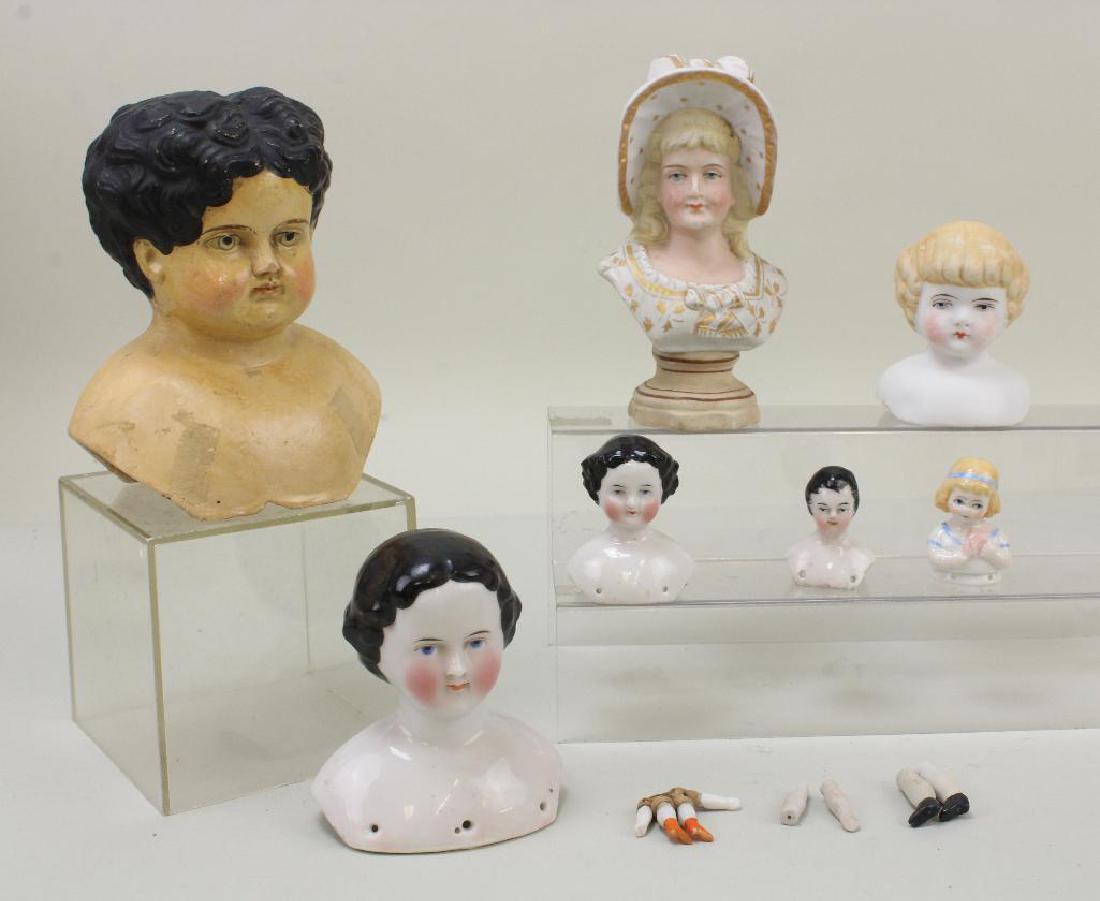 LOT OF ANTIQUE DOLL HEADS: PAPIER MACHE, CHINA,  PARIAN; (1 of 4)