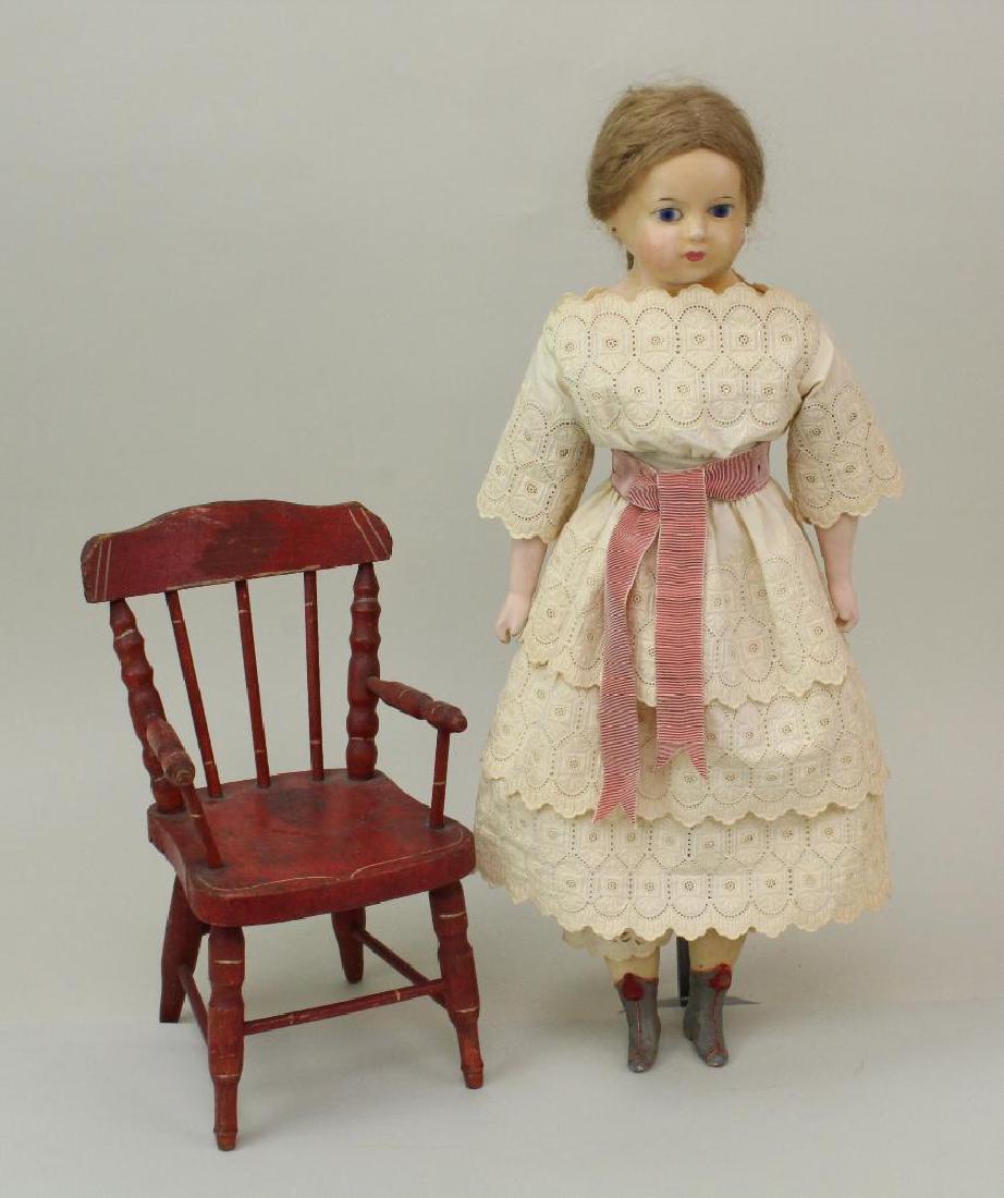 LOT: 19" WAX OVER DOLL WITH HER ANTIQUE CHAIR. (1 of 6)