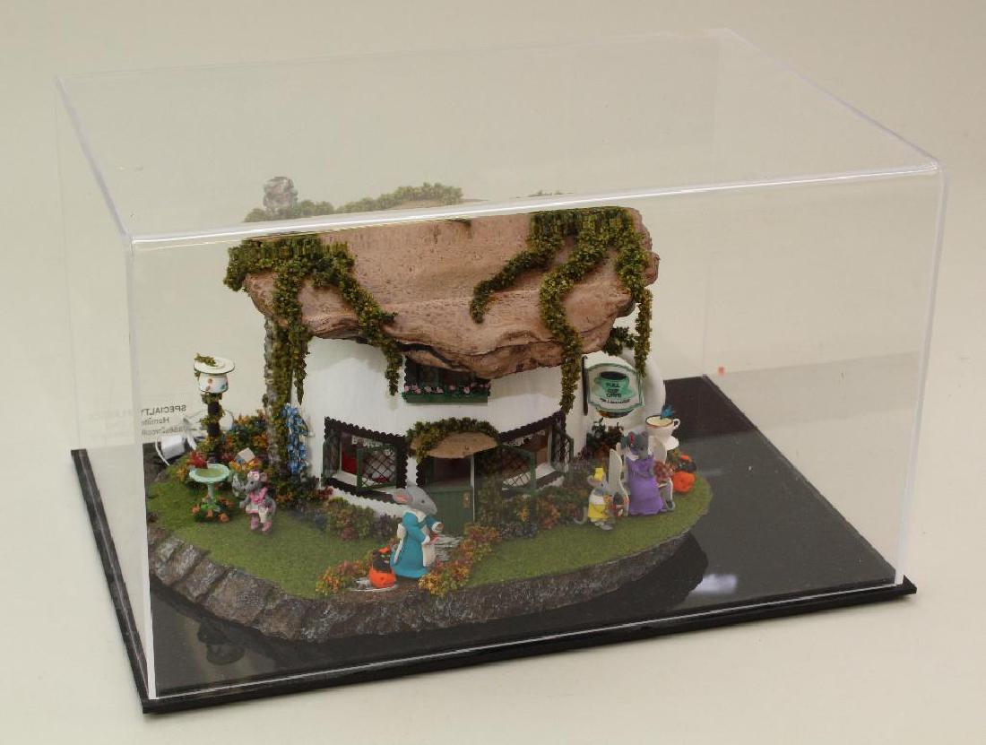 MINIATURE MOUSE "TEACUP" HOUSE: FULLY FURNISHED AND: This display shows the Mouse teacup "Full Cup Caf?", Bed & Breakfast. Front view of house with visitors outside and back view of the two floors. Downstairs is the tea room, upstairs is the bedroom. Ho