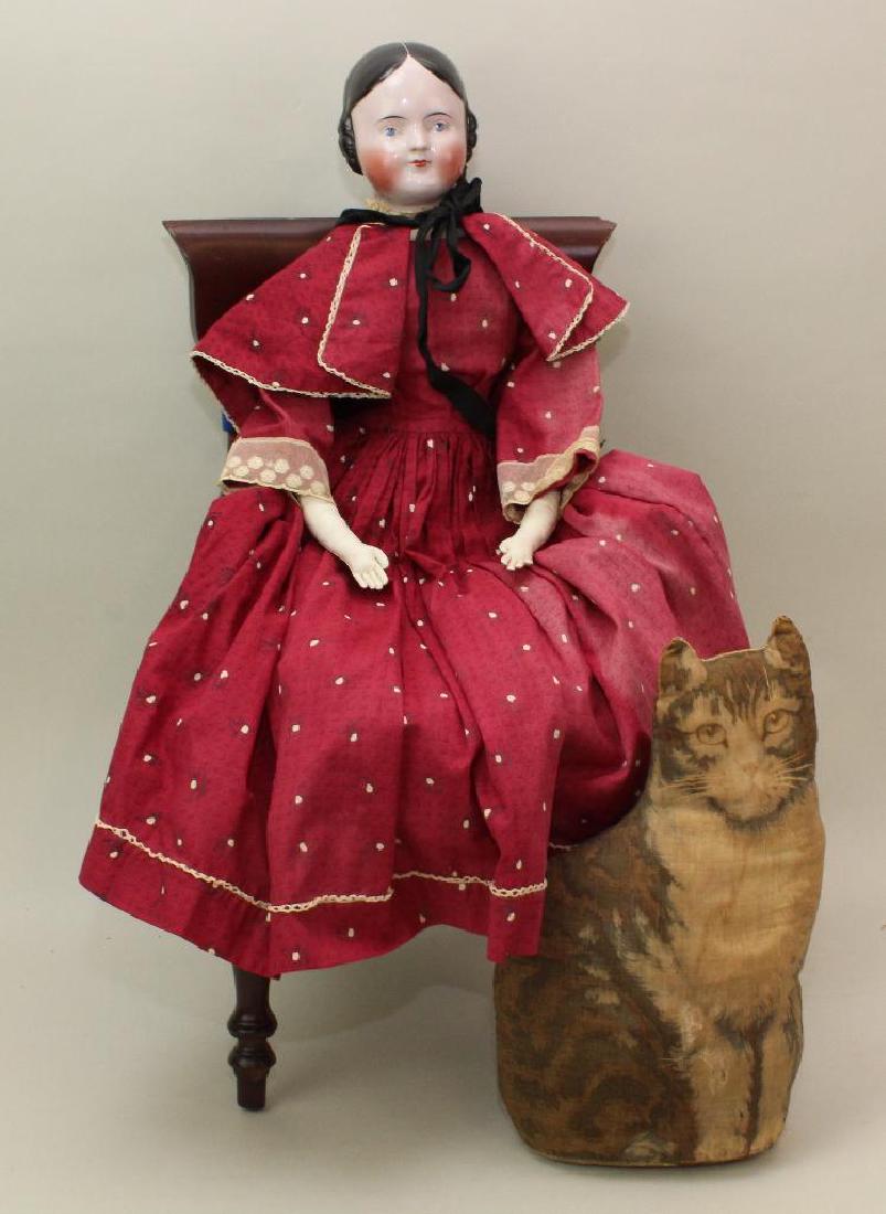 LOT: 23" ANTIQUE CHINA HEAD DOLL, CHAIR, CLOTH CAT. (1 of 9)