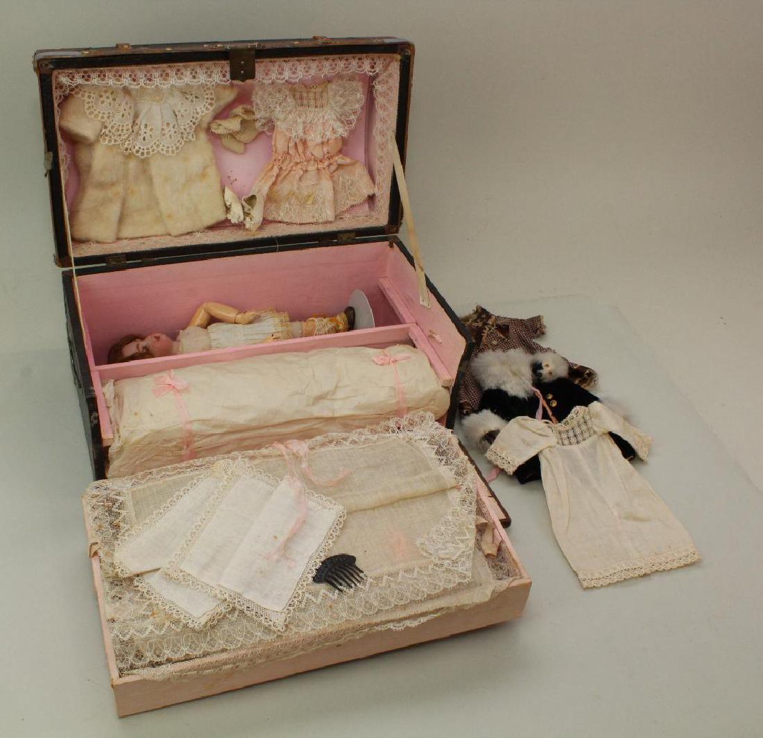 LOT: 9" DEP (PURPLE STAMP) TETE JUMEAU DOLL, TRUNK, (1 of 8)