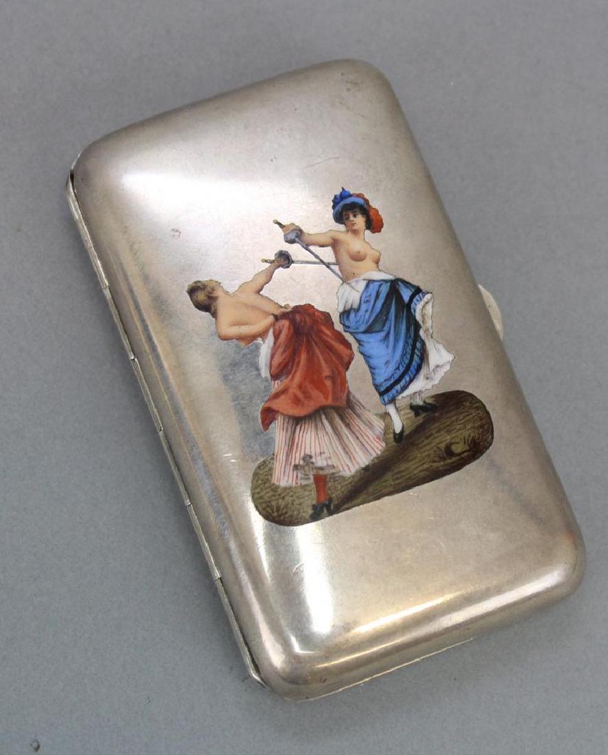 Silver and Enamel Card Case: Hallmarks appear to be French. Semi-nude women fencing, hand-painted. 3.5"H x 2"W