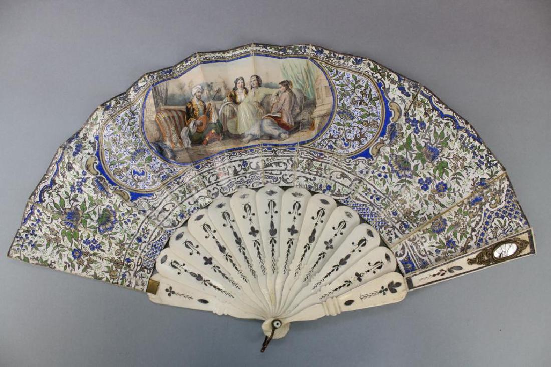 Hand-painted Fan with Mirror: Hand painted fan with genre decoration, reticulated frame and an applied mirror to the frame. 10.5"H x 19"W