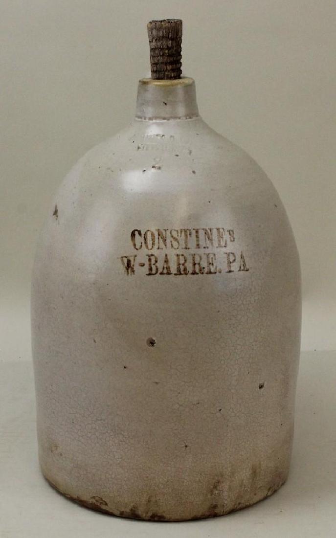 James Ryan Stoneware Jug: American, 19th/20th C. James Ryan, Pittston, PA. Brown decorated stenciled advertising, "Constine's W-Barre. PA". 2 gallon. 14.5"H x 9"W
