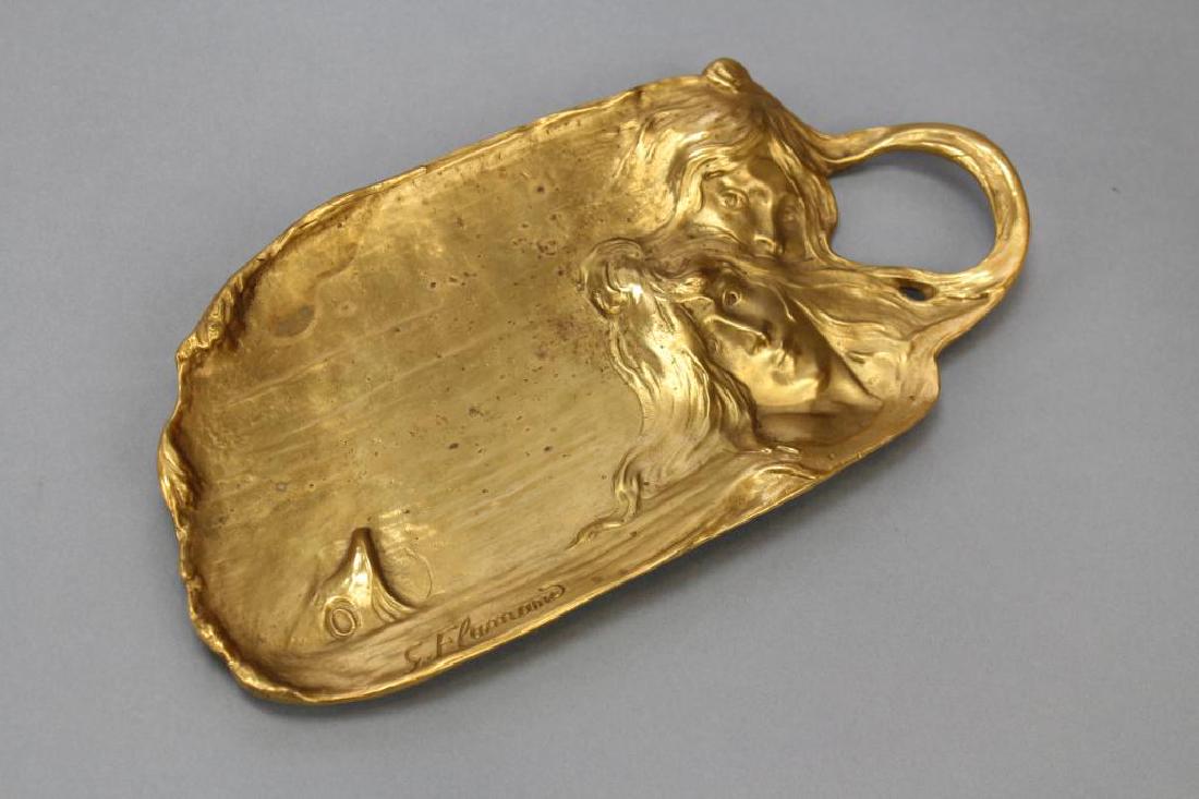 Art Nouveau Gilt Bronze Tray: Georges Flamand (1895 - 1925). Signed card tray with impressed signature. Sea nymph motif. 10"L x 5"W
