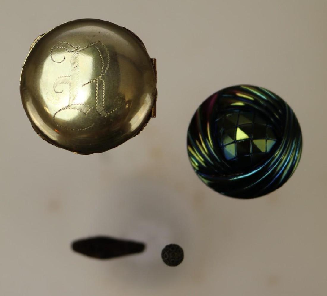 Hat Pin Grouping: Cloth heart, 3.5" H Gold compartment with built in mirror, 13" Turban, 10.5" Gold stud, 6.5"