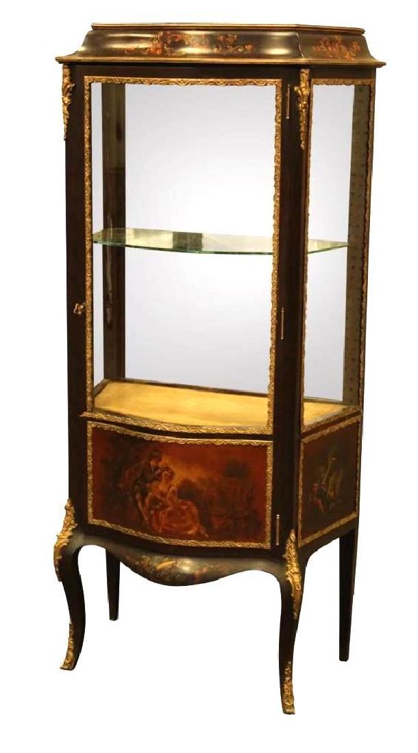 Vernis Martin Vitrine: Ormolu mounted hand-painted vitrine display cabinet with two interior glass shelves, measuring 57"l x 27"w x 15"d.