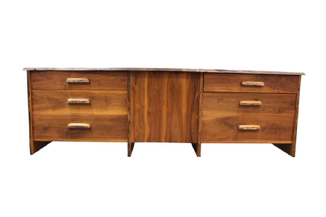 Robert Whitley, Live Edge Wood Dresser: Robert Whitley, New Hope, Pa. walnut triple dresser with 3 drawers flanking a center door, 98"L x 31.5"H x 21.5"W