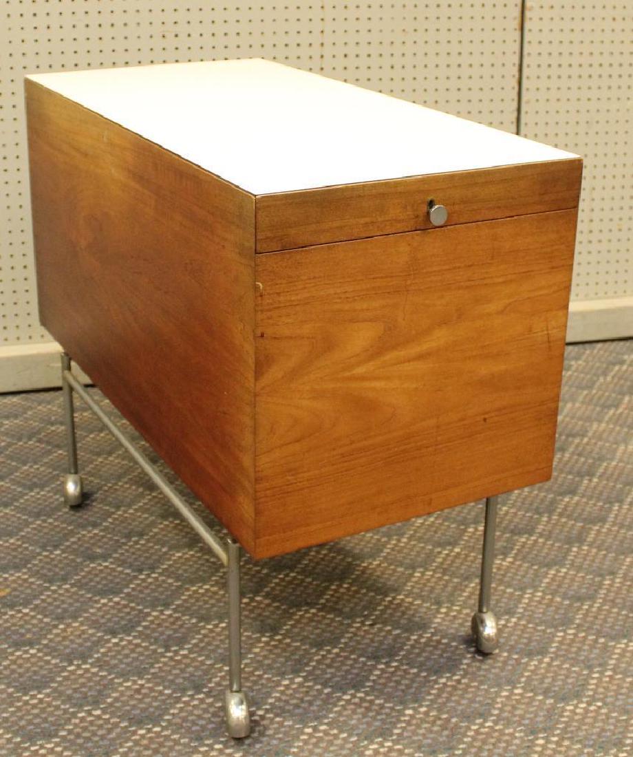 Mid Century Modern Bar Cart: Cart with sliding laminate top, with interior sliding shelf, on casters. Measures 28.5"H x 16.5"W x 33"D.