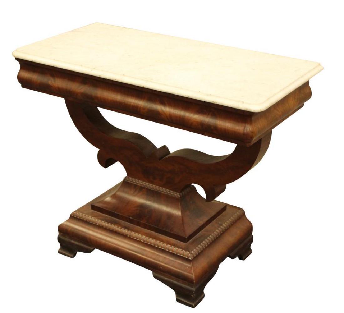 Empire Pier Table: Flame mahogany marble top pedestal pier table, measuring 28.5"H x 35.5"W x 17.5"D.