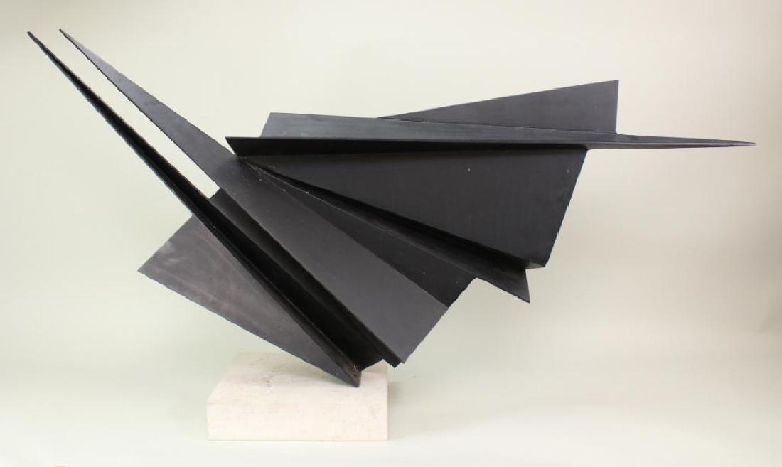 1970 Robert Roesch "777": Abstract steel construction/stone base, signed on lowest wing. C. 1970's 31"H x 56"W x 13"D (on base) Provenance Berman collection