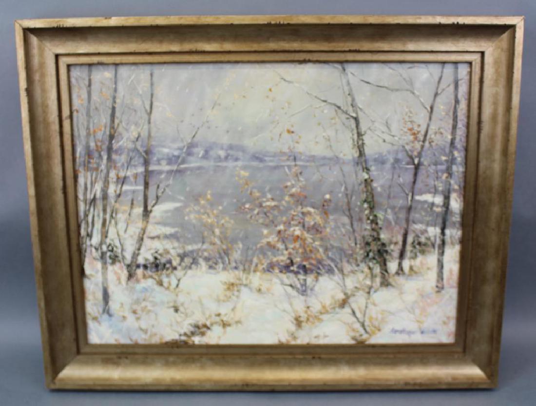 Christopher Willett (American, born 1959): Oil on board "Snow Squall, Where Soldiers Sleep" New Hope, Solsbury Signed lower right and en verso with description which reads: Painted south of the New Hope bridge during a winter afternoon- from 