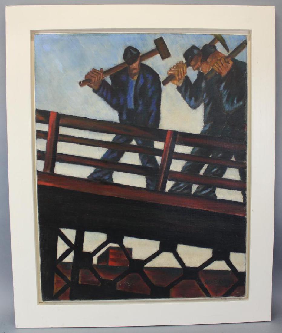 WPA Era Oil Painting: Oil on canvas SDLR, illegible 1937 Workers carrying sledgehammers across a bridge 28"H x 22"W