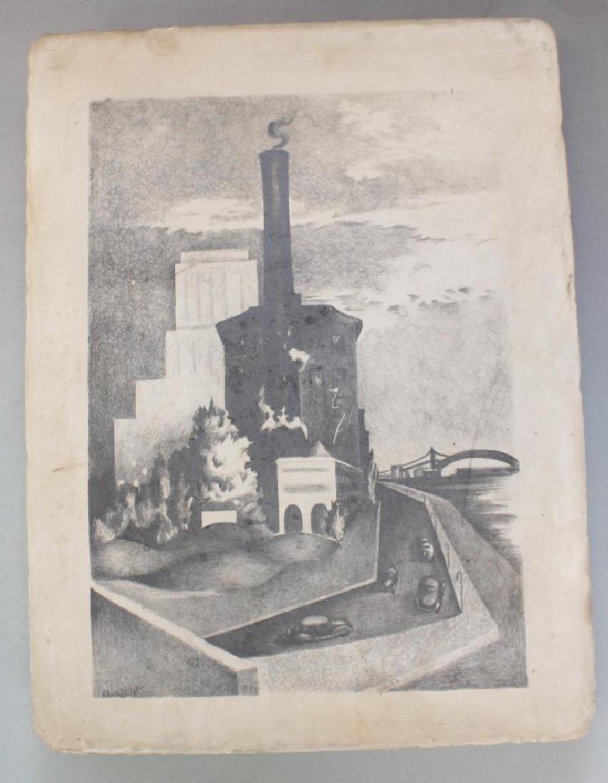 Bernard Steffen (1907 - 1980): Lithography stone and print Signed in block Industrial scene 12"W x 16"L x 2.5"H