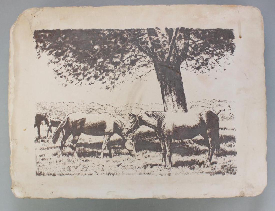 Theodore Wahl (1903 - 1990): Lithography stone and print not signed Farm scene with horses 17"W x 12.75"L x 2.5"H