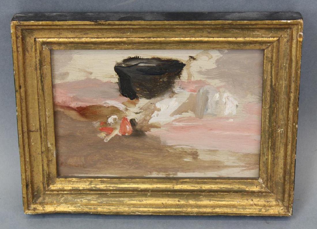 Seymour Remenick (American, 1923 - 1999): Oil on wood "Still life sketch" Signed lower left Impressionist still life 4.25"H x 5.75"W