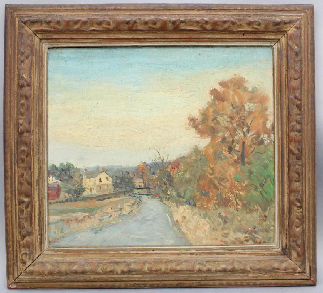 Walter Emerson Baum (1884 - 1956): Oil on board "Autumn - Lehigh County" Signed lower right and en verso Fall landscape with a stream 14"H x 16"W