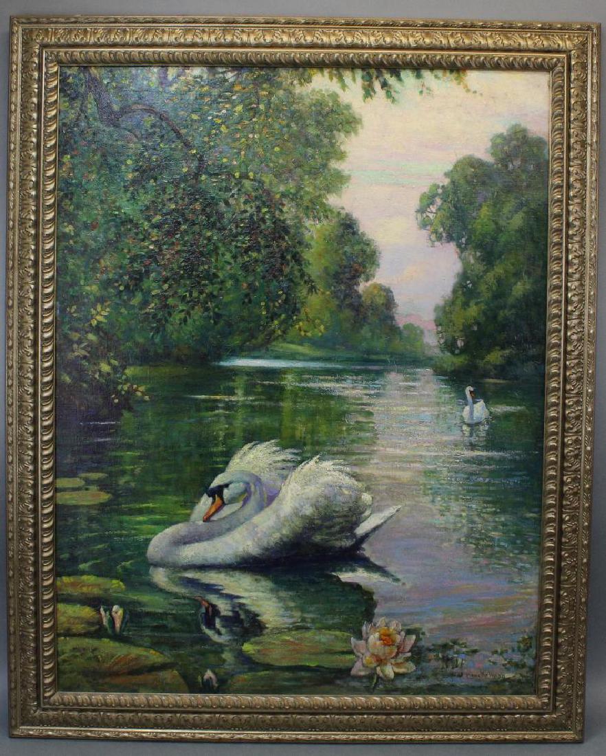 Benjamin Kelman (American, 1887 - 1957): Oil on canvas Signed lower right Lake scene with swans 36"H x 28"W