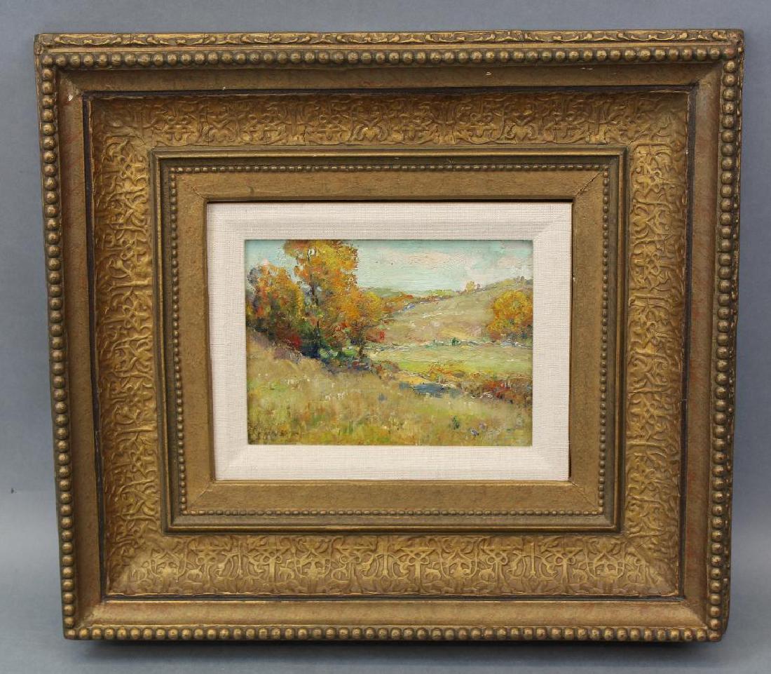 Cullen Yates (American, 1866-1945): Oil on board "On the Delaware Valley", 1909 Signed en verso Landscape of rolling hills 7.5"H x 9.5"W