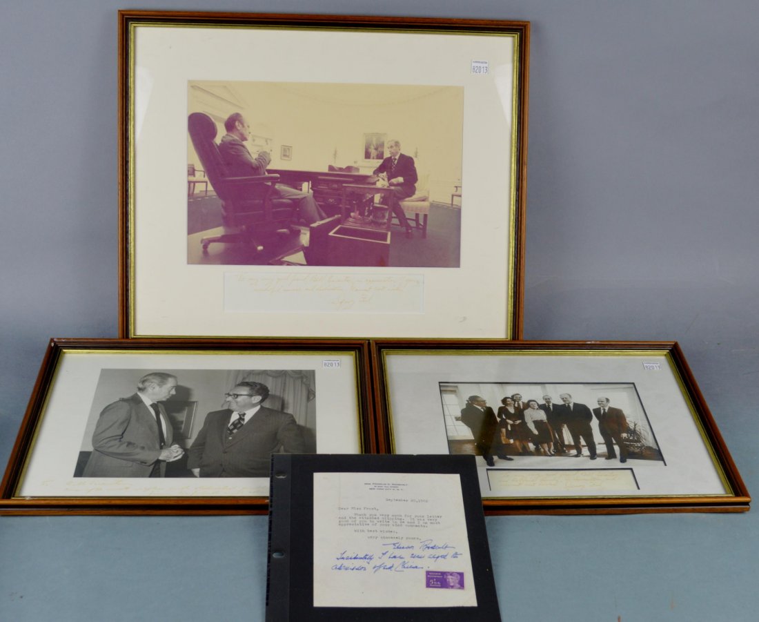 Gerald Ford and Kissinger Autograph Grouping: (2) President Gerald Ford and (1) Henry Kissinger framed photo's and autographs to Pennsylvania Governor William Scranton. Also includes an Eleanor Roosevelt note with signature and inscription. Large