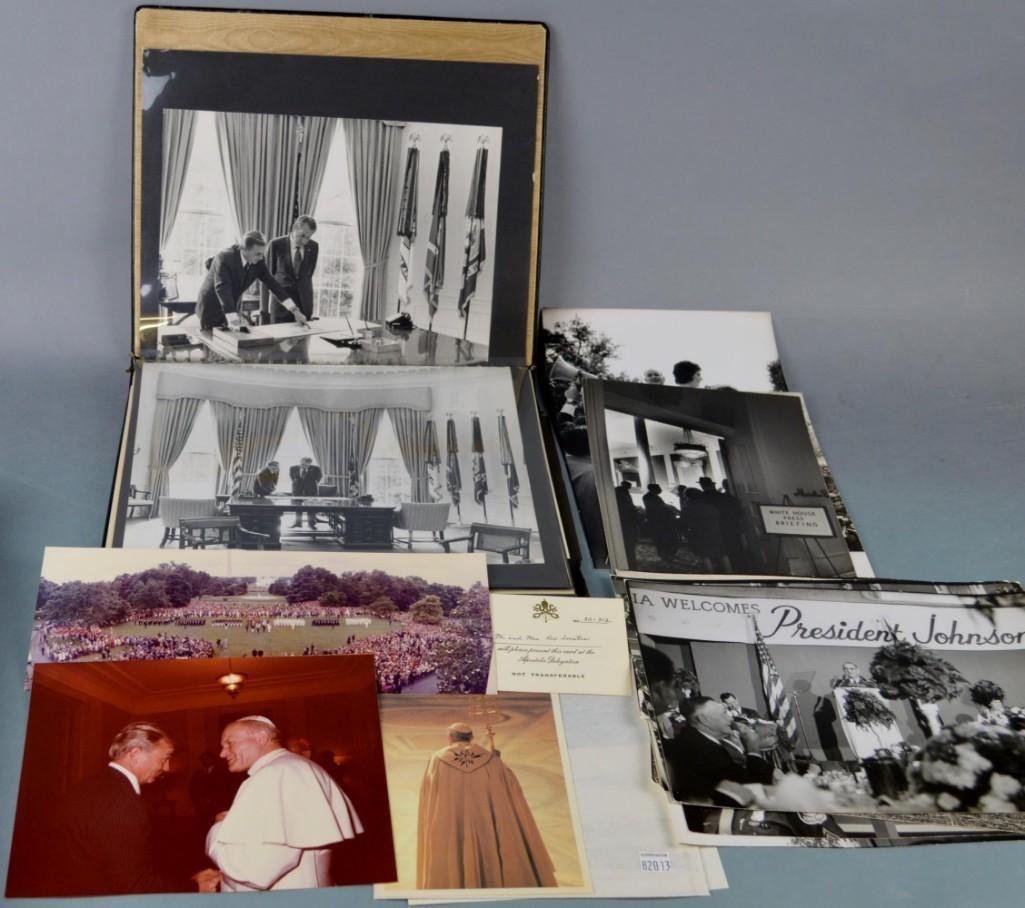 White House Curator Photo Album: From Rex Wayne Scouten White House curator and Chief Usher, album includes 1979 Pope John Paul II official handwritten ticket for White House, overhead photo of the Pope from White House reception,