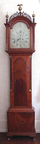 Simon Willard Tall Case Clock, Boston Mass.: Simon Willard Tall Case, Boston Mass. 8 day, time and strike, has center bit and calendar, mahogany Roxbury case with fretwork, trunk with reeded quarter columns with brass insets and capitols, inlaid