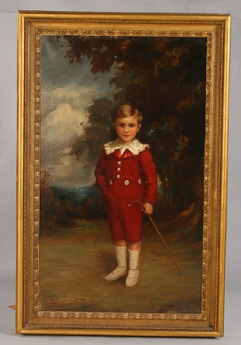 H. Donald Smith: Portrait of a young boy with riding crop against a wooded landscape, oil on canvas, 36" x 60", SLL and verso, "H. David Smith". Relined. Ship: Call for Quote