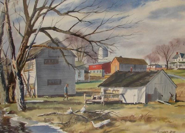 Ranulph Bye: Farm scene with figure, watercolor, 20" x 28" (sight), SLR "Ranulph Bye". Artist: American, 1916-2003. Ship: $60 plus insurance