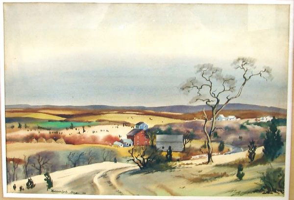 Ranulph Bye: Bucks County farm landscape, watercolor, 14 1/2" x 21", SLL "Ranulph Bye '46", toning. Artist: American, 1916-2002. Ship: $24 plus insurance