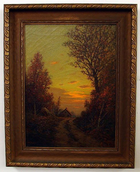William Frederick Paskell: Sunset landscape with tree lined road to cottage, oil on canvas, 19" x 14", SLL "Wm. Paskel", craquelure. Artist: American, 1866-1951. Ship: $24 plus insurance
