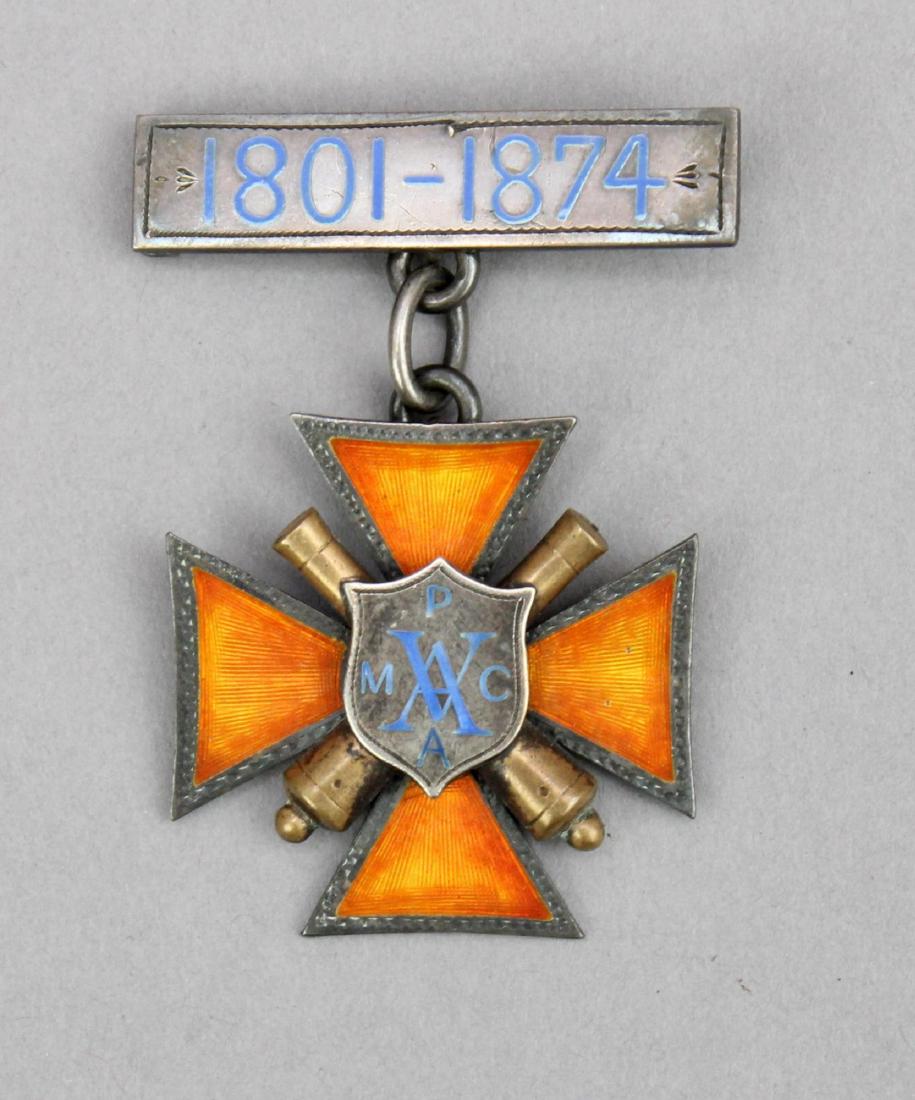 Post-Civil War Veteran Artillery Medal: Post-Civil War silver medal for the veteran artillery organization measuring 2.25"H x 1.5"W. Medal features top bar with "1801-1874" and Maltese cross drop with crossed cannons and intertwined "V" and