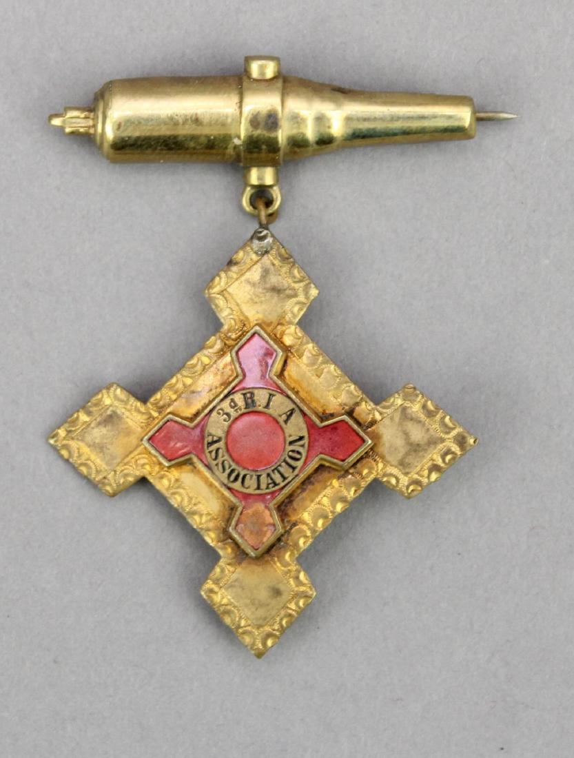 Post-Civil War 3rd Rhode Island Artillery Medal: Post-Civil War medal for a member of the 3rd Rhode Island artillery measuring 2.25"H x 1.5"W. Medal features top bar in shape of cannon and 10th corps shaped drop with enameled center identifying the 