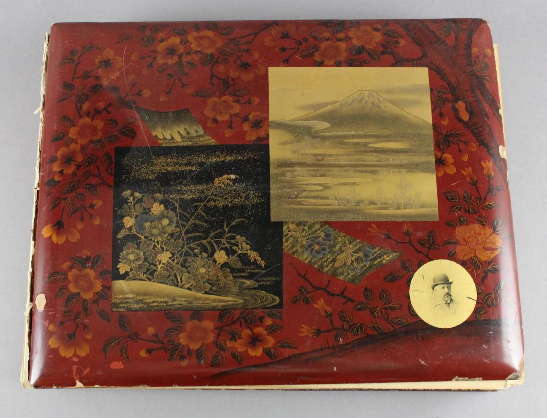 19th C. British Photograph Album: Late 19th century British photograph album presenting Japanese style lacquer style covers featuring a floral motif with images of Mt. Fuji, plants and an image of a bowler hat wearing bust portrait of