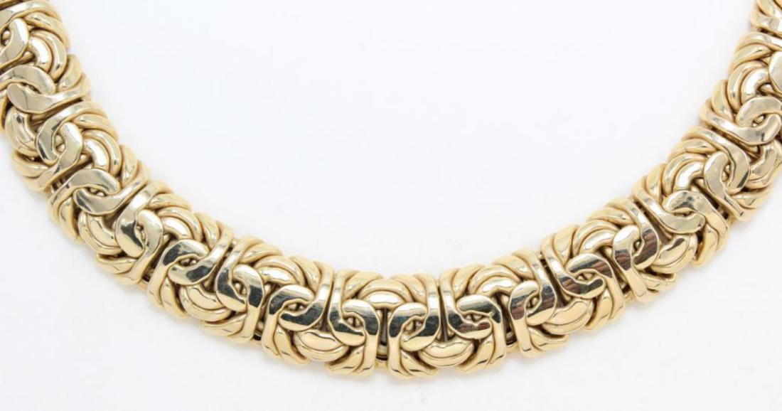 14K Yellow Gold Byzantine Necklace: 18 1/2"L X 3/4"W with pressure tongue clasp and safety catch. 116.0gtw.