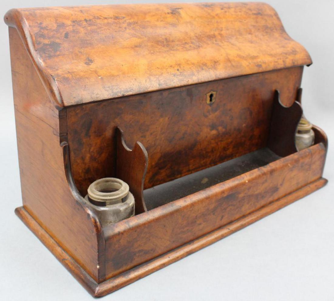 Burl Wood Double Inkwell: Locking letter holder with double inkwell and pen rest. 9"H x 15"W x 7"D