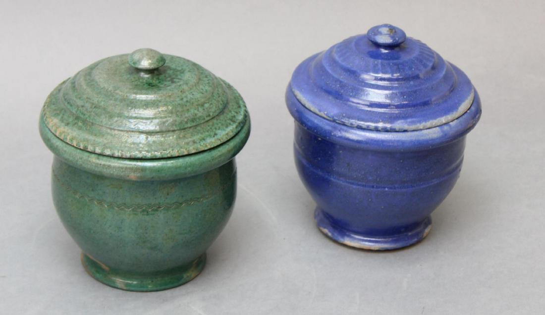 Isaac Stahl Pottery: (2) Covered sugar bowls. Signed and dated 1938 and 1939. 6"H x 5"Round