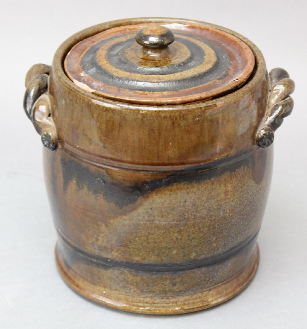 Isaac Stahl Pottery: Bean pot with drip decoration. Signed and dated, I Stahl '39. 8"H x 6.5"Round