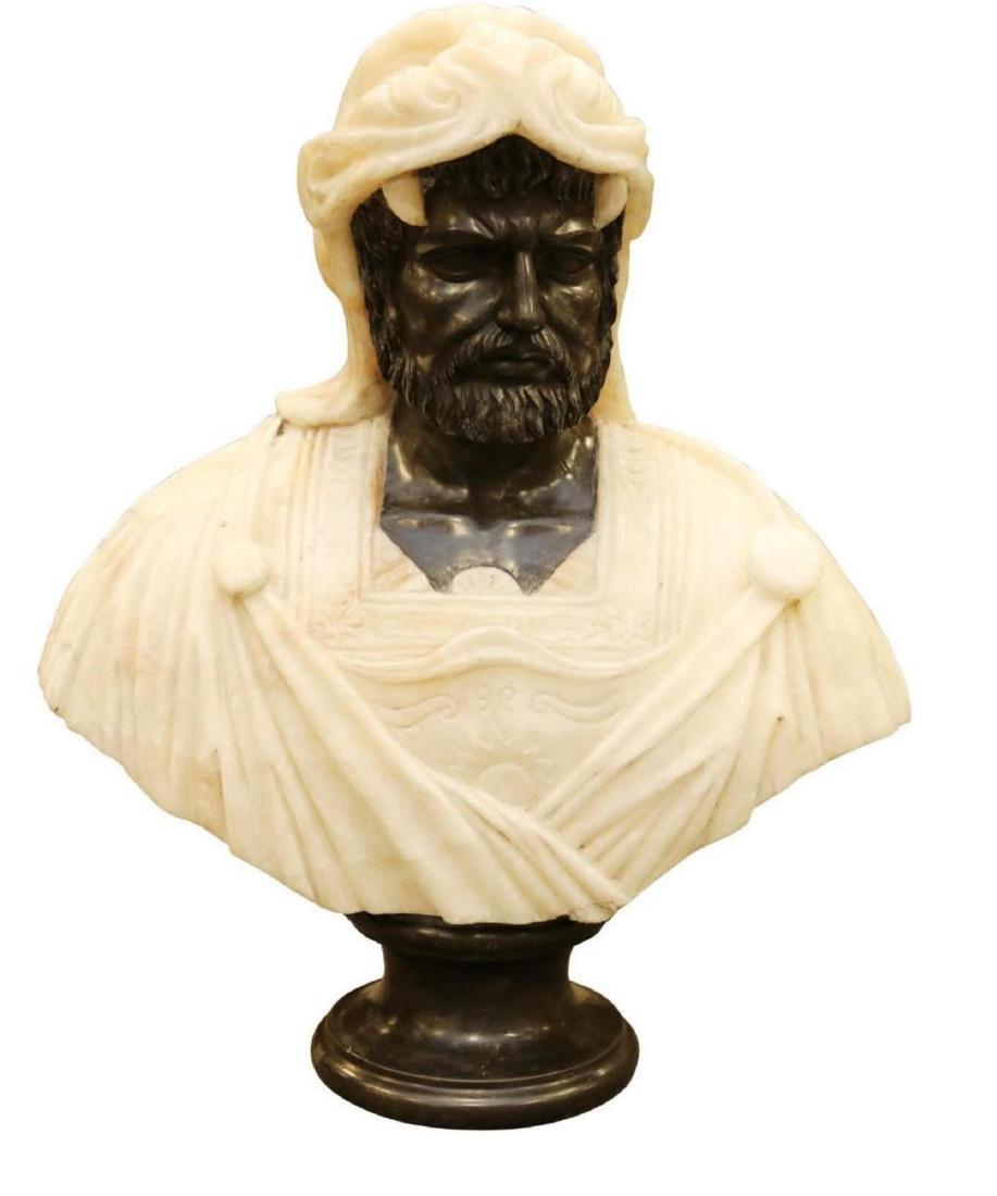 Hellenistic Hercules Bust: Hercules with the Nemean lion shroud, alabaster and marble. 29"H x 24"W x 10.5"D