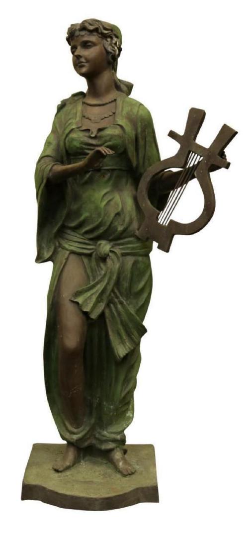 Leon Pilet Outdoor Statue: Cast bronze statue of a girl holding a lyre. Signed and dated. 48"H x 13.5"W x 13.5"D