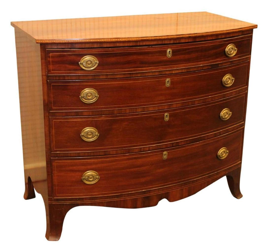 Hepplewhite Bow Front Dresser: Mahogany, line inlay on drawers and frieze, 4 graduated drawers with cock beading, original brass pulls, French feet. 35"H x 41"W x 23"D