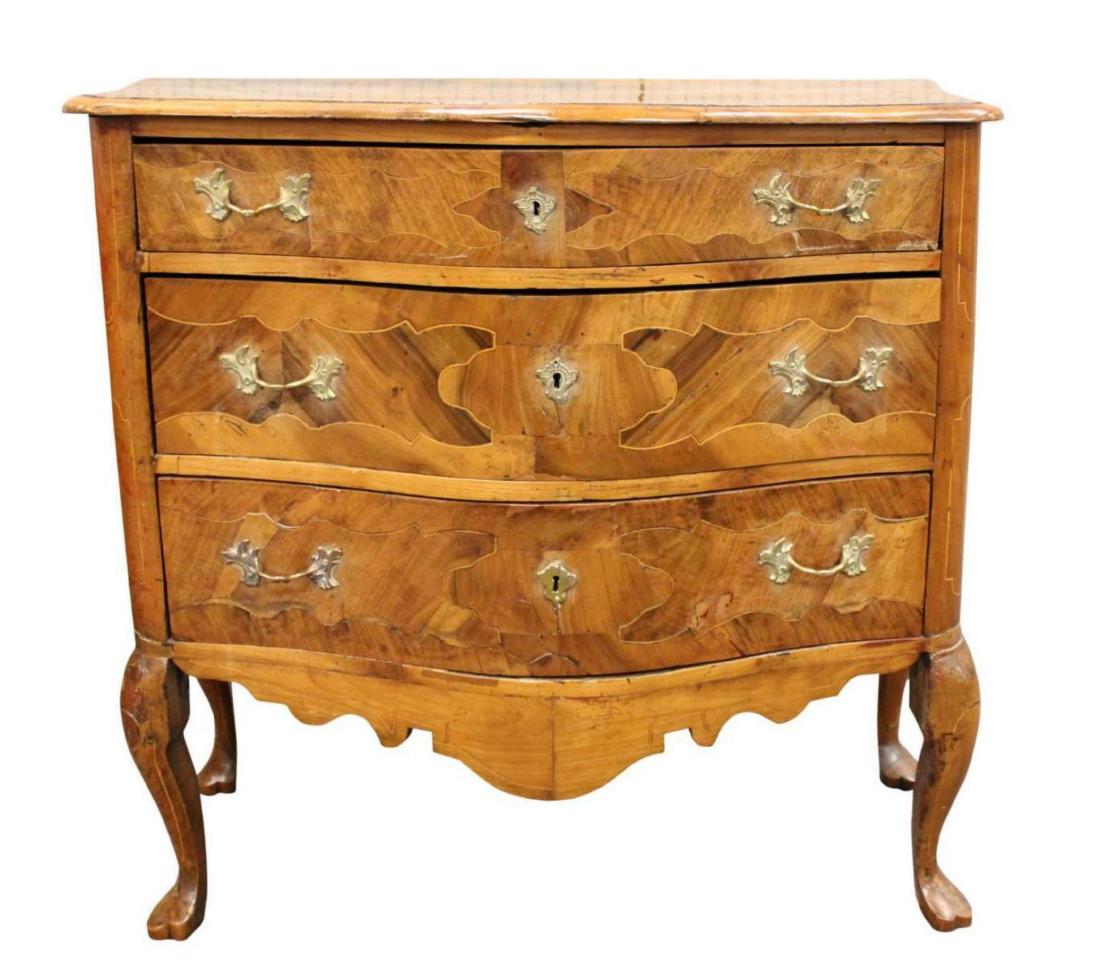 Italian 3 Drawer Dresser: Bow front fruit wood case, 3 graduated drawers with line inlay, brass pulls and escutcheon, high cabriole leg, shaped frieze. 35"H x 36"W x 20"D