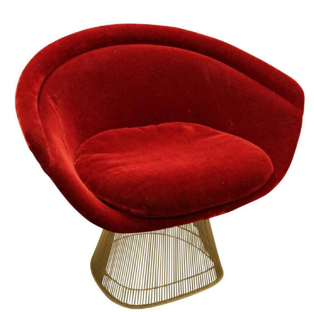 Warren Platner for Knoll, Lounge Chair: Red velvet upholstery over a wire base. 30.5"H x 36"W x 25"D
