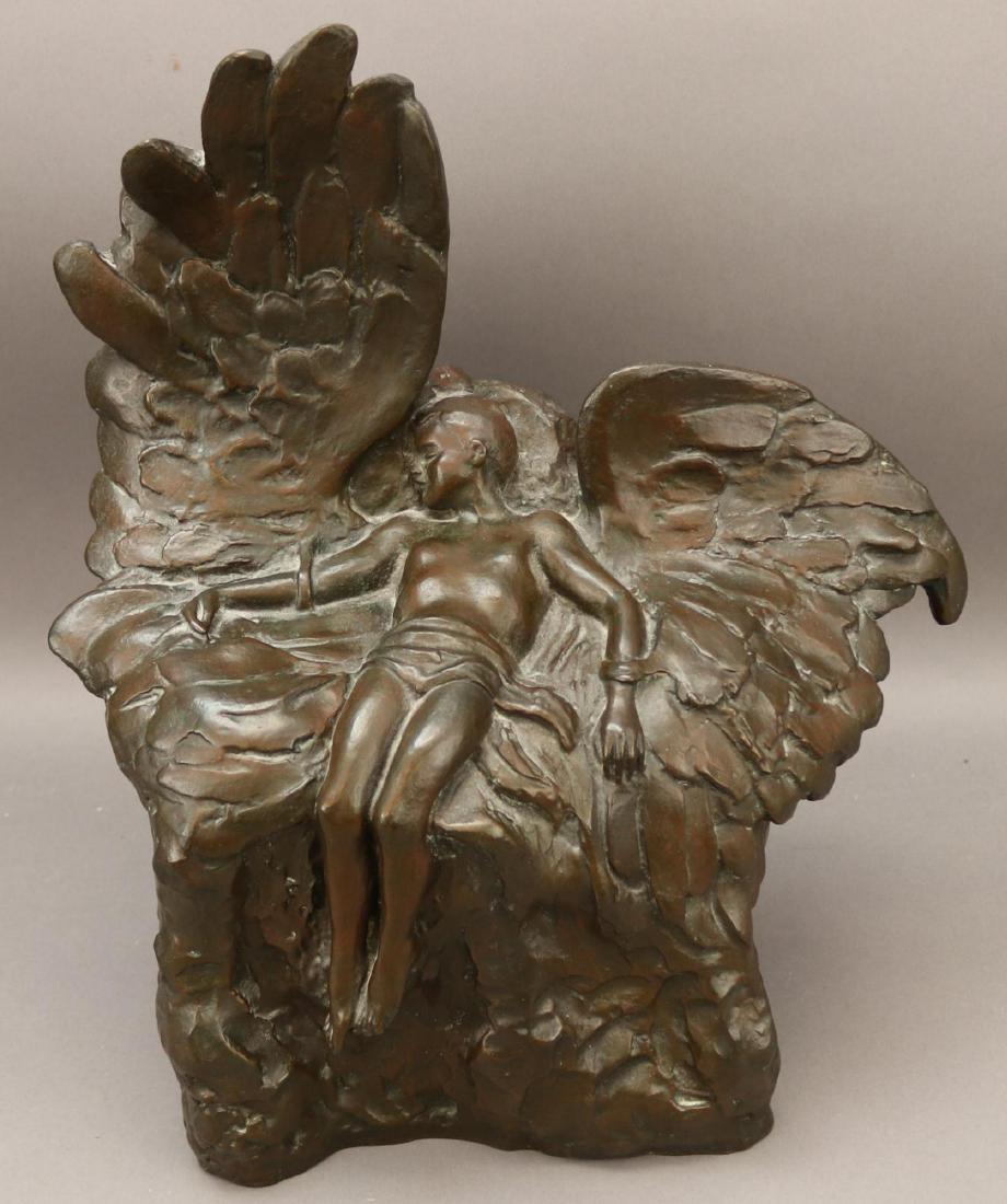 Bronze Sculpture: Cast bronze,"Icarus", signed and dated en verso JW 1941. Fallen Icarus with a poem inscribed to one side. 17"H X 14"W X 7"D