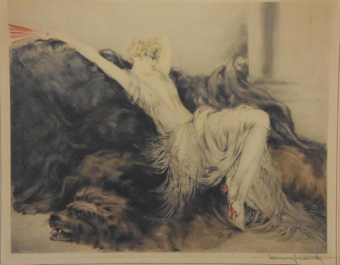 Louis Icart (1888 - 1950): Etching with aquatint and pencil coloring on paper, "Laziness", SLR. Semi-nude female reclining on a lion skin rug. 17"H x 21"W