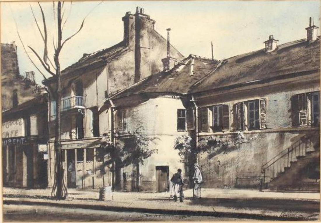 Ogden Minton Pleissner (1905 - 1983): Watercolor, "Street in Paris", SLR. Urban landscape. 15"H x 20"W