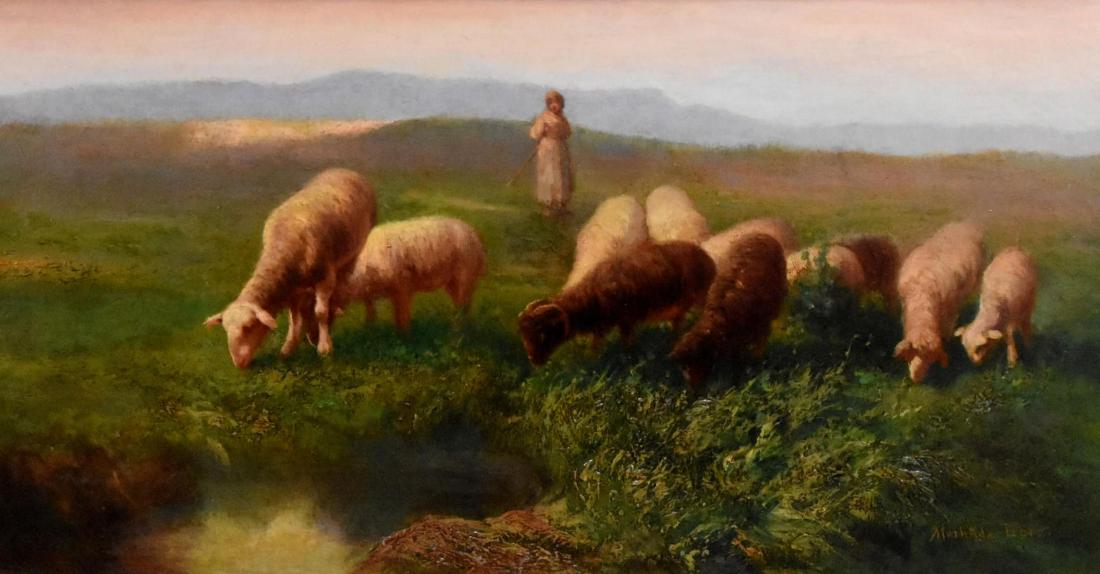 Matilda Lotz (1858 - 1923): Oil on canvas,SLR. Pastoral scene with girl and sheep. 15"H x 27"W