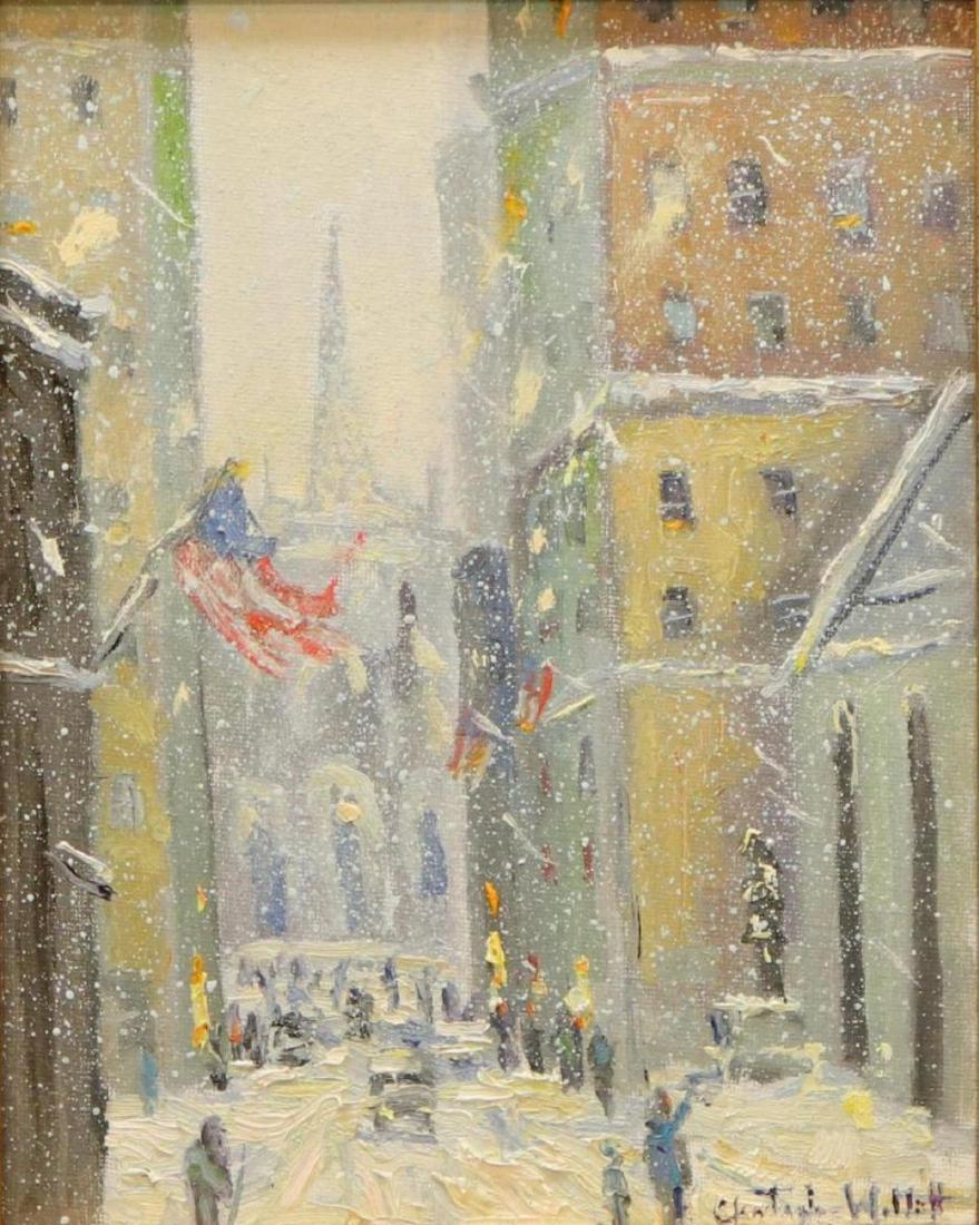 Christopher Willett (b. 1959): Oil on board, "2nd Nor Easter Storm, New York City" SLR. Urban winter landscape. 10"H x 7.5"W