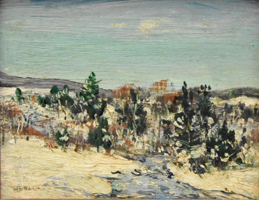 Walter Emerson Baum (1884 - 1956): Oil on board, SLL. Miniature winter landscape 4"H x 5"W